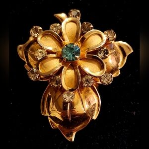 Vintage 1960s Uranium Glass, Goldtone & Rhinestone Flower Brooch/Pendant